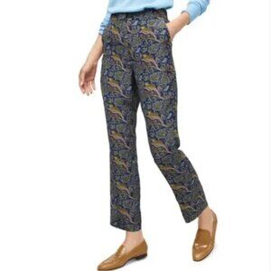 J. Crew 100% Silk Easy Pant Navy Blue Botanical Cheetah Print Women's 10 EUC